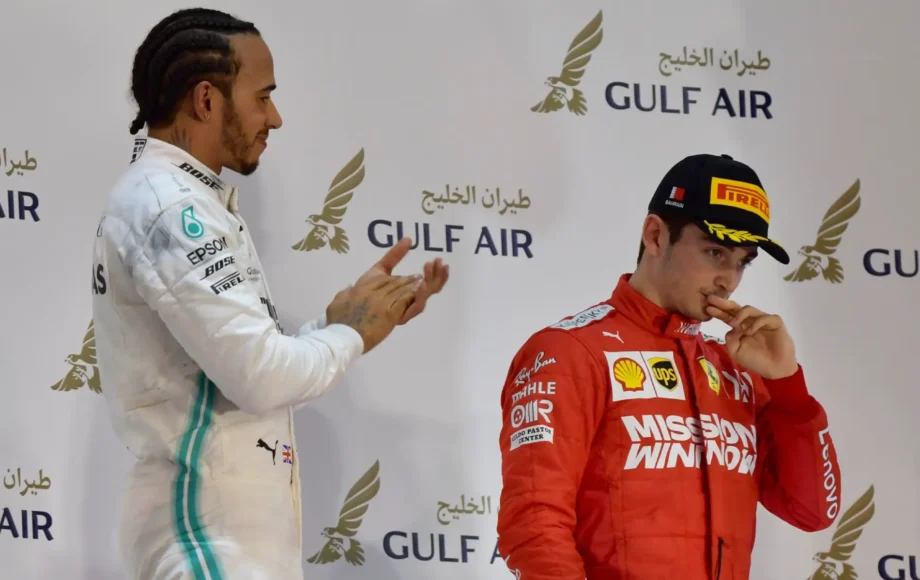 Lewis Hamilton (P1) praises Charles Leclerc (P3) on his first F1 podium at the 2019 Bahrain Grand Prix