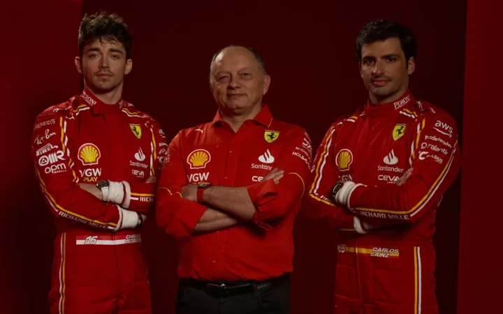 Charles Leclerc, Fred Vasseur and Carlos Sainz 2024 Ferrari Car Launch